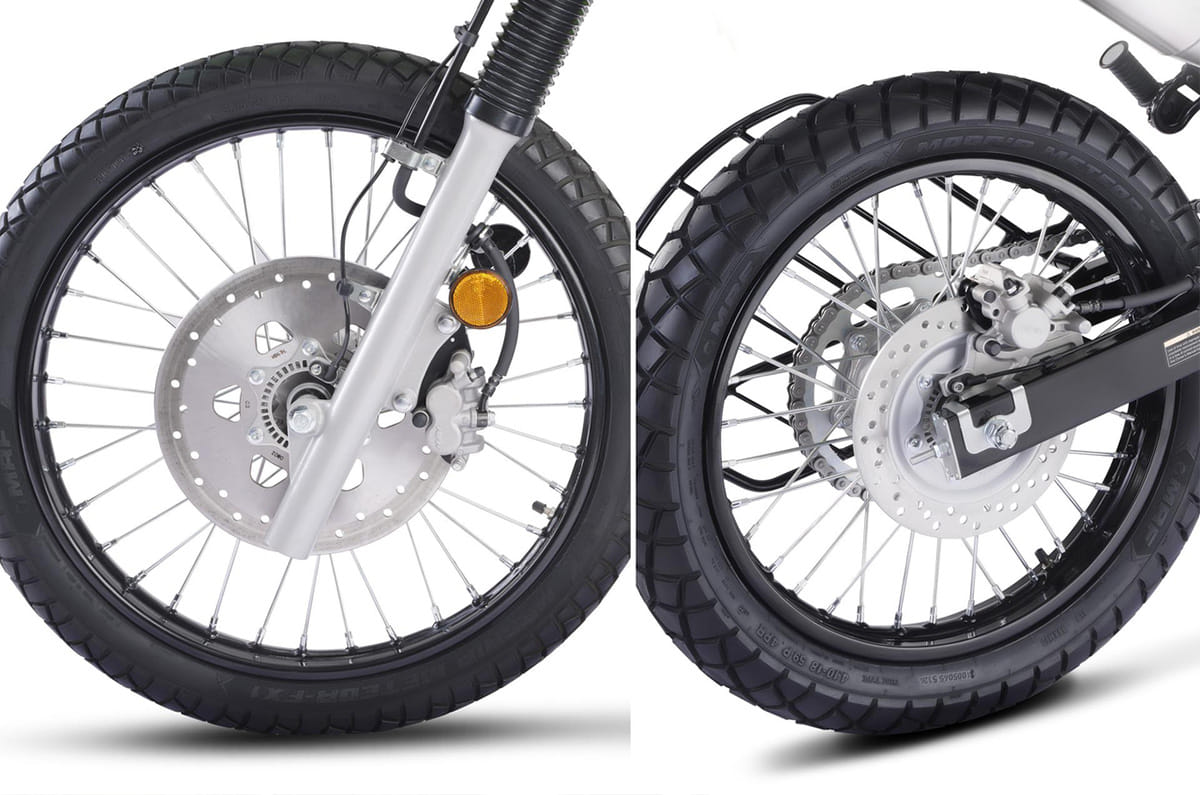 21-inch front and 18-inch rear wheels tackles rough terrain with ease